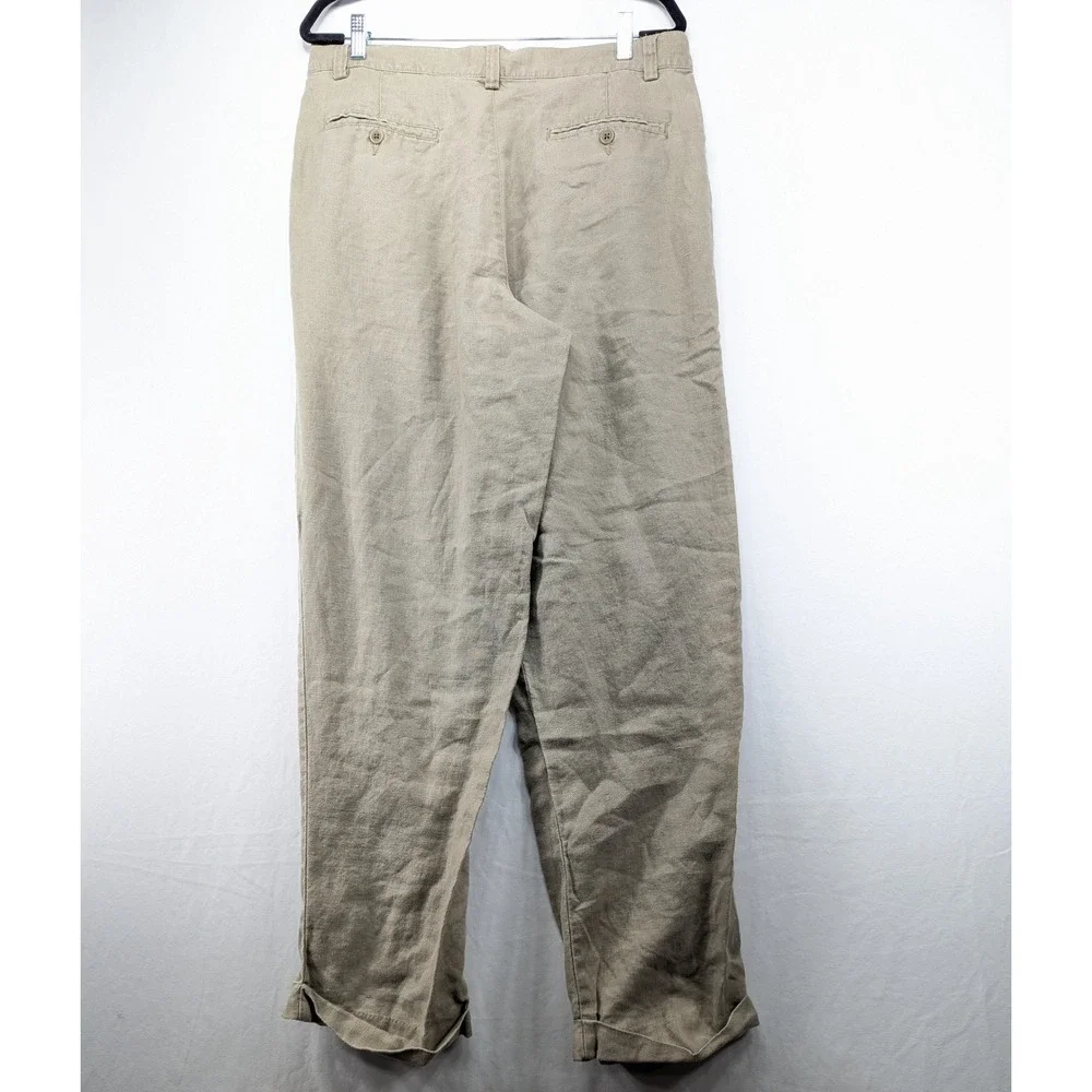 Eddie Bauer‎ Mens 35x32 Pleated Linen Pants Khaki Tan Cuffed Straight Trousers